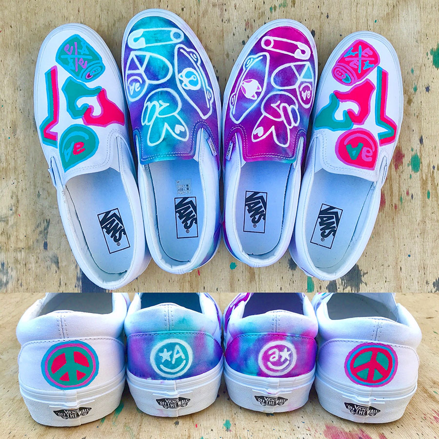 VANS slip on shoes customised, dyed and handpainted by Akira.