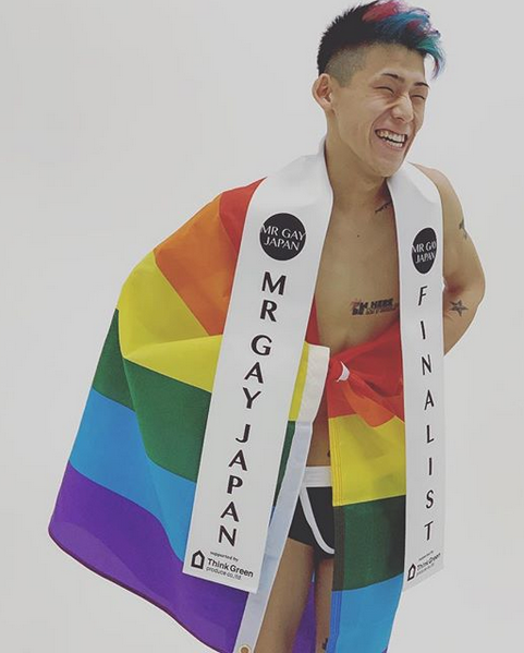 Akira modelling during Mr Gay Japan final in 2019 to support gay rights and marriage for all in Japan